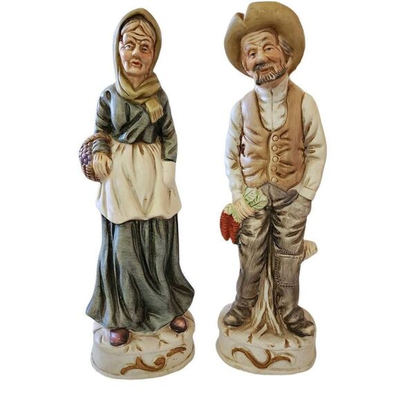 Hand Painted Rare Vintage 2-Piece Porcelain Old Couple Farmer Figurine Size 10" - Picture 1 of 7